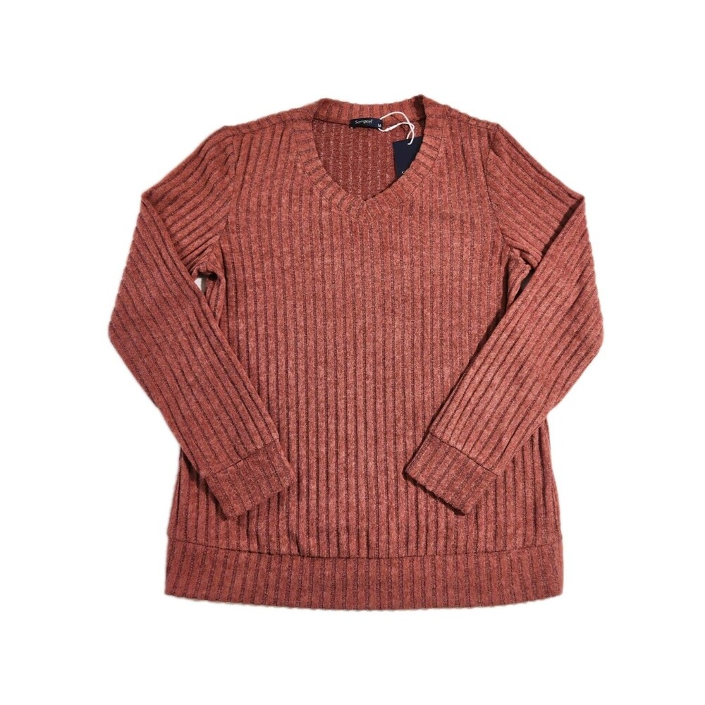 Sampeel Womens V-Neck Sweater NWT Ribbed Rust Lightweight Casual Sheer Size M